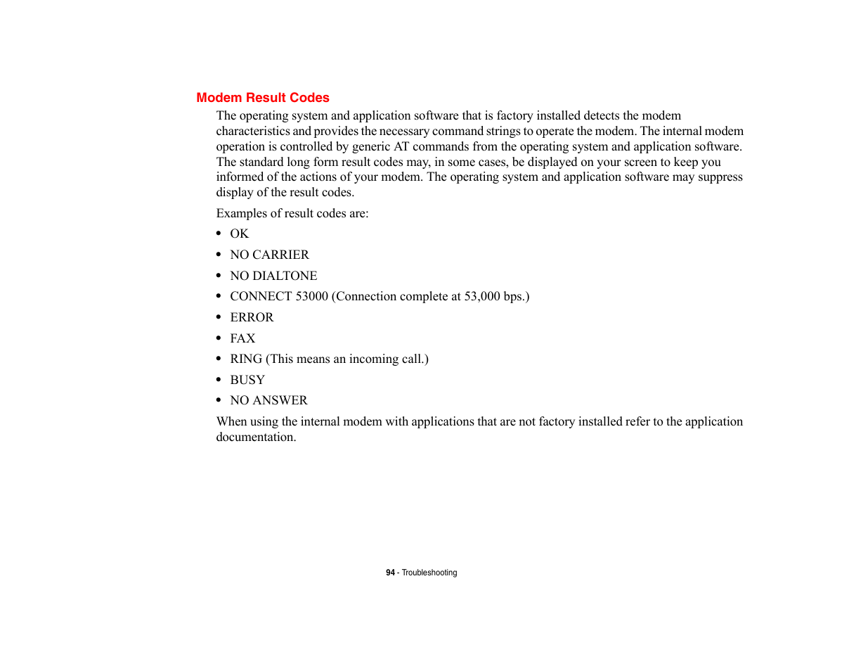 Modem result codes | FUJITSU V700 User Manual | Page 99 / 161