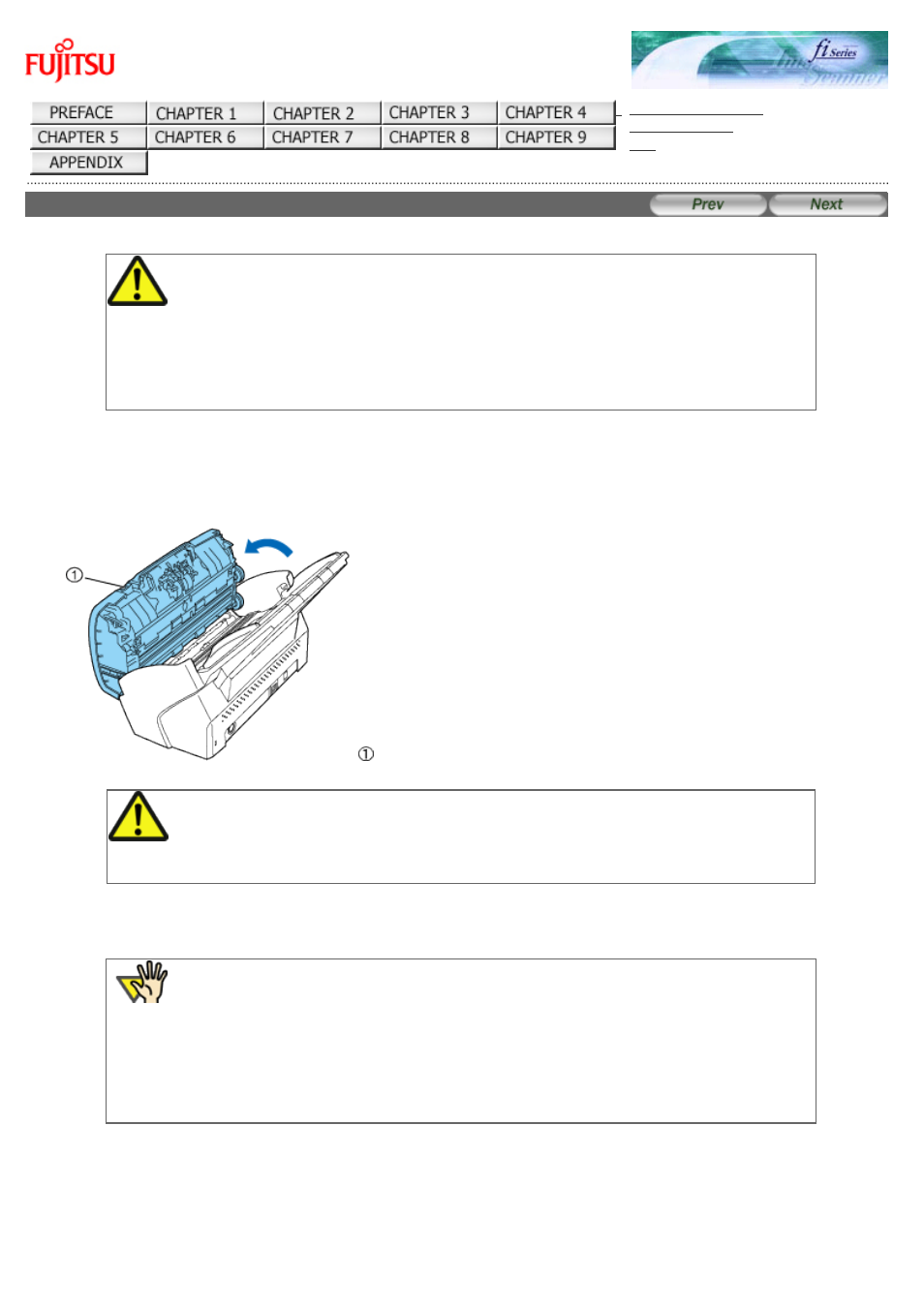 1 removing jammed documents, Attention, Caution | FUJITSU fi-6130 User Manual | Page 144 / 211