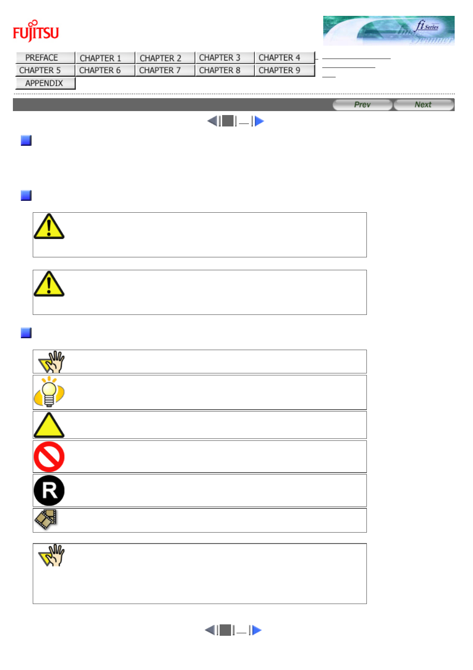 Safety precautions, Warning indications used in this manual, Symbols used in this manual | FUJITSU fi-6130 User Manual | Page 7 / 211