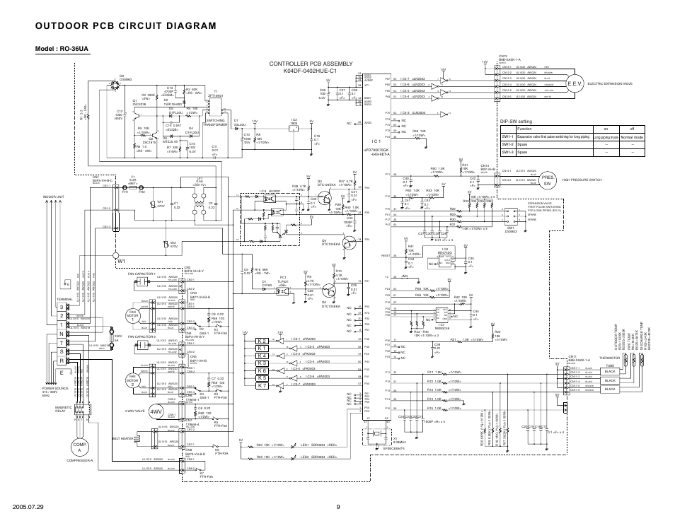 Outdoor pcb circuit diagram, E.e.v, Dip-sw setting | FUJITSU RY-36UA User Manual | Page 10 / 27