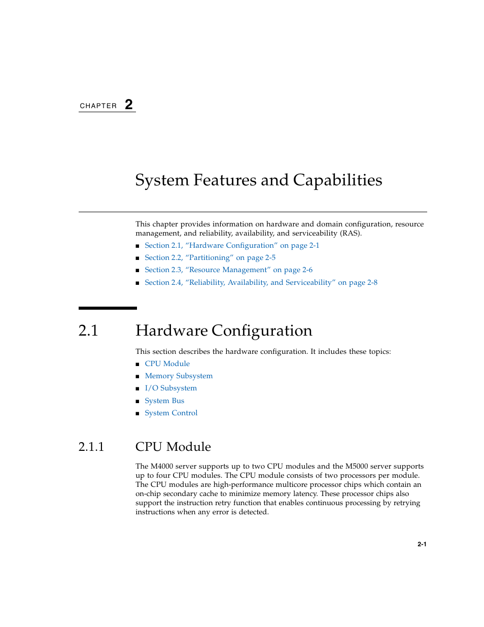 System features and capabilities, 1 hardware configuration, 1 cpu module | Hardware configuration, Cpu module | FUJITSU SPARC Enterprise Server M5000 User Manual | Page 45 / 62