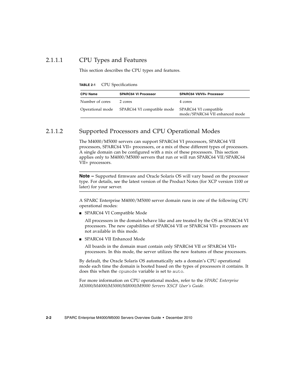 1 cpu types and features, 2 supported processors and cpu operational modes, Cpu types and features | Supported processors and cpu operational modes | FUJITSU SPARC Enterprise Server M5000 User Manual | Page 46 / 62