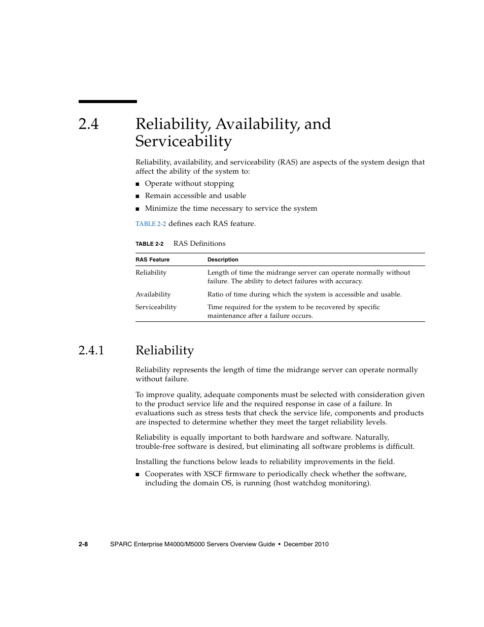 4 reliability, availability, and serviceability, 1 reliability, Reliability, availability, and serviceability | Reliability | FUJITSU SPARC Enterprise Server M5000 User Manual | Page 52 / 62