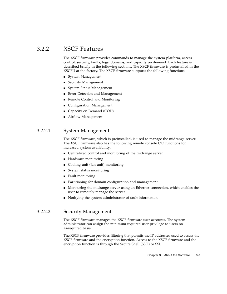 2 xscf features, 1 system management, 2 security management | Xscf features, System management, Security management | FUJITSU SPARC Enterprise Server M5000 User Manual | Page 57 / 62