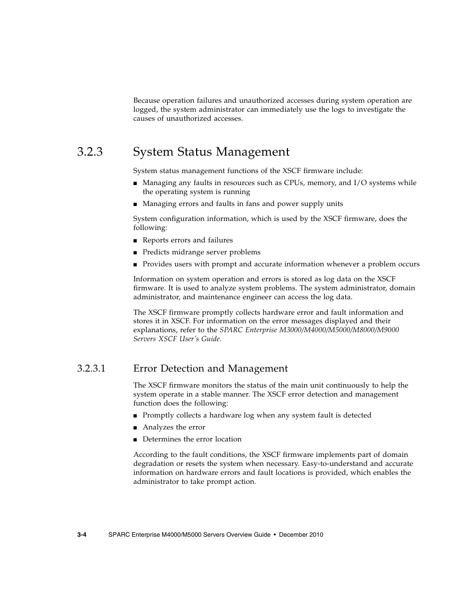 3 system status management, 1 error detection and management, System status management | Error detection and management | FUJITSU SPARC Enterprise Server M5000 User Manual | Page 58 / 62