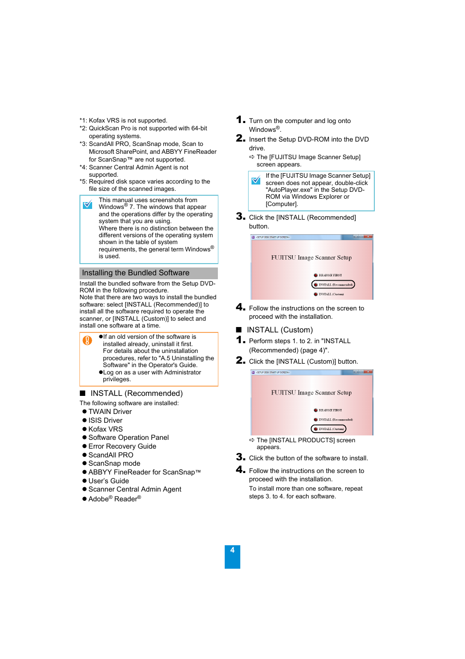 Installing the bundled software, Install (recommended), Install (custom) | FUJITSU Image Scanner fi-6230Z User Manual | Page 4 / 8