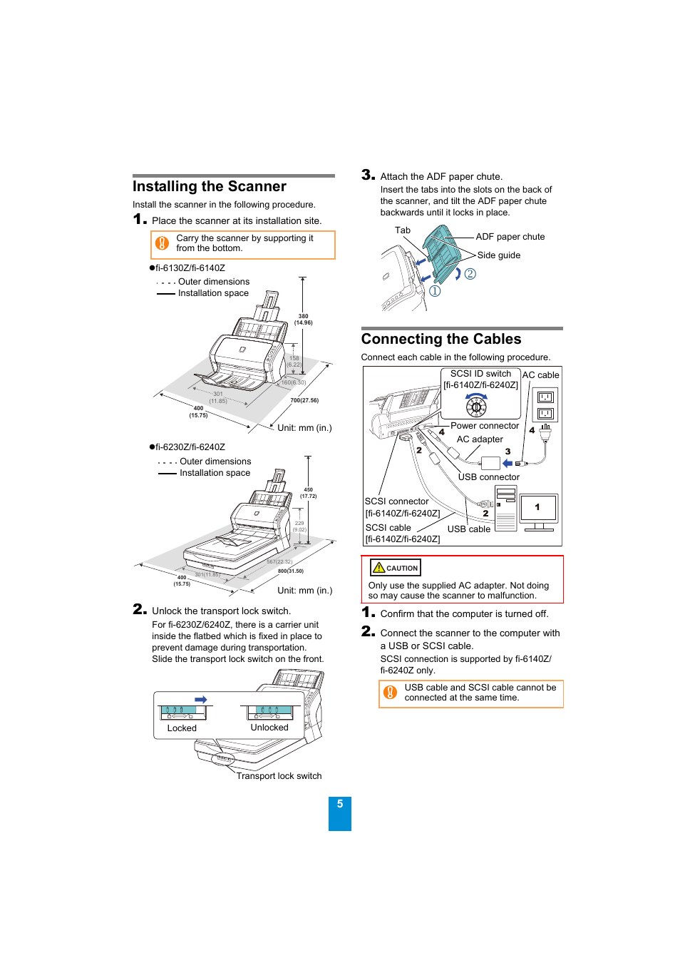 Installing the scanner, Connecting the cables | FUJITSU Image Scanner fi-6230Z User Manual | Page 5 / 8