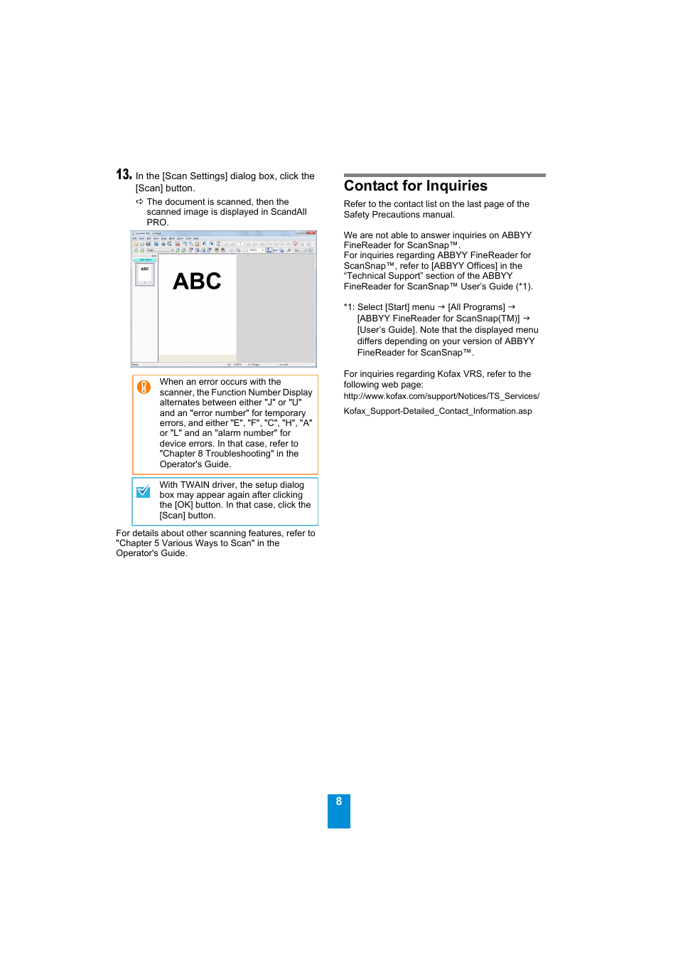 Contact for inquiries | FUJITSU Image Scanner fi-6230Z User Manual | Page 8 / 8