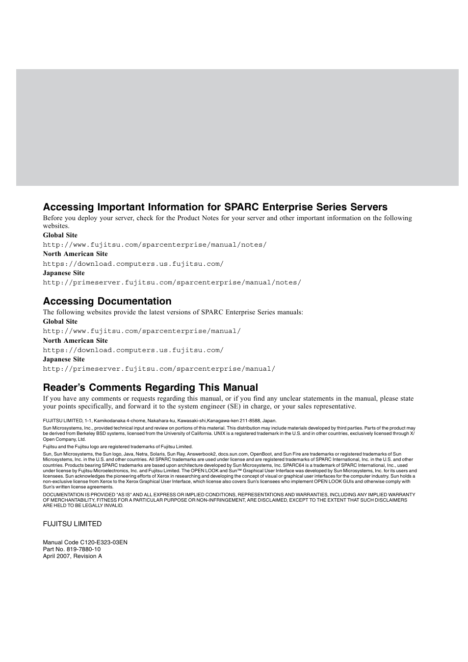 Accessing documentation, Reader’s comments regarding this manual | FUJITSU SPARC M9000 User Manual | Page 4 / 4