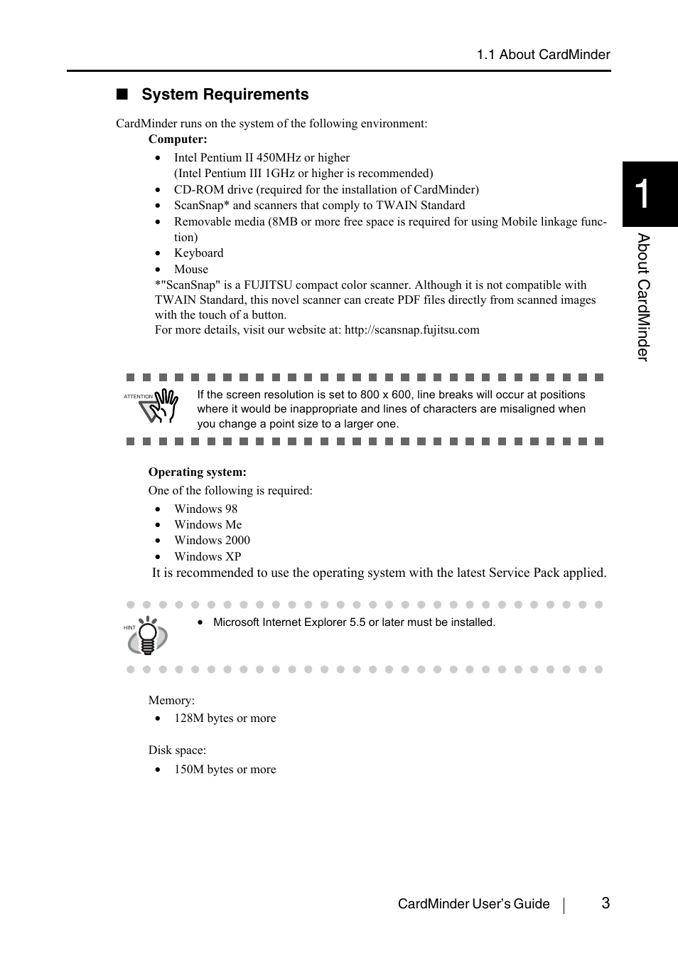 3about cardminder, System requirements | FUJITSU CardMinder P3PC-1562-01ENZ0 User Manual | Page 11 / 85