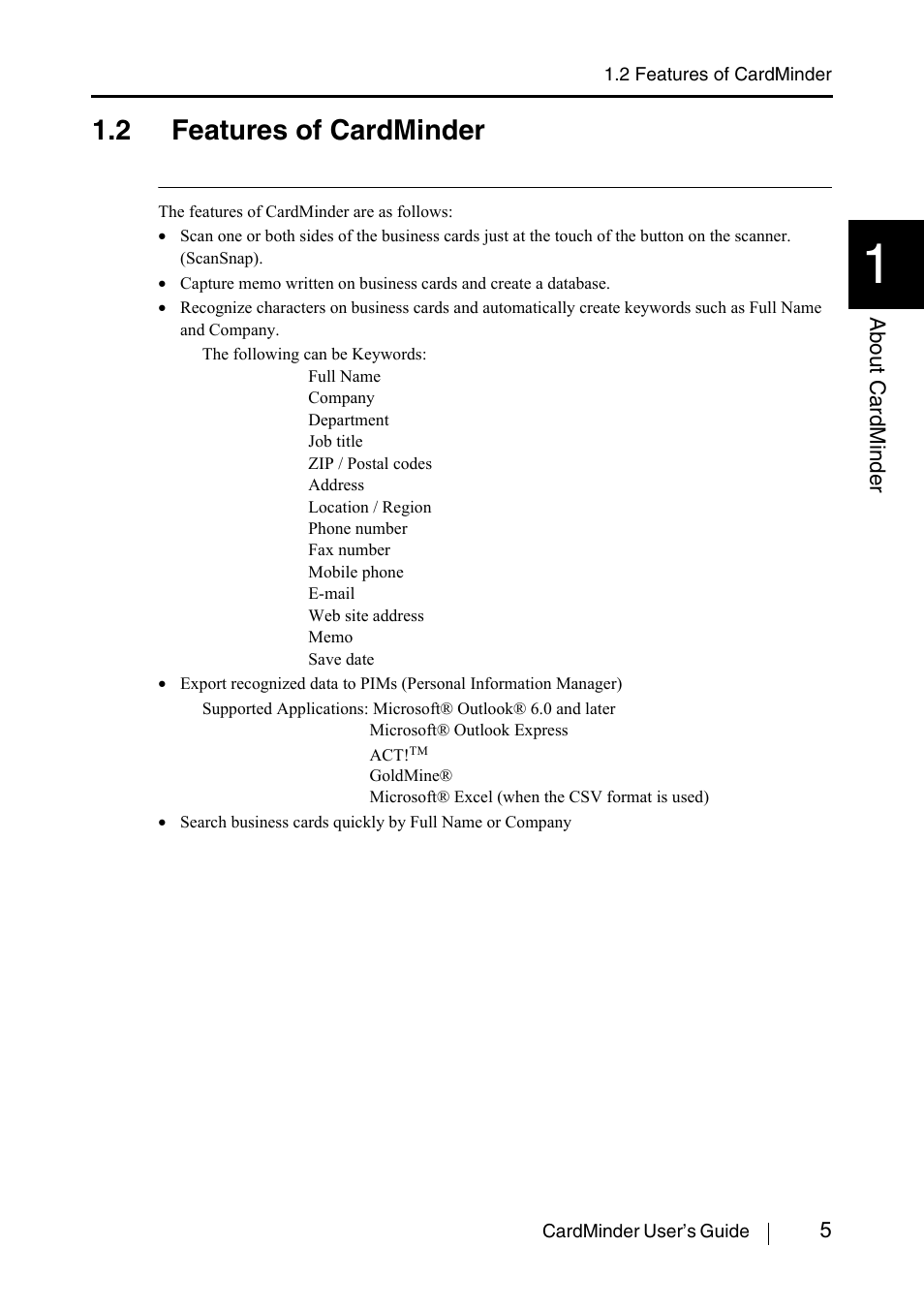 2 features of cardminder | FUJITSU CardMinder P3PC-1562-01ENZ0 User Manual | Page 13 / 85