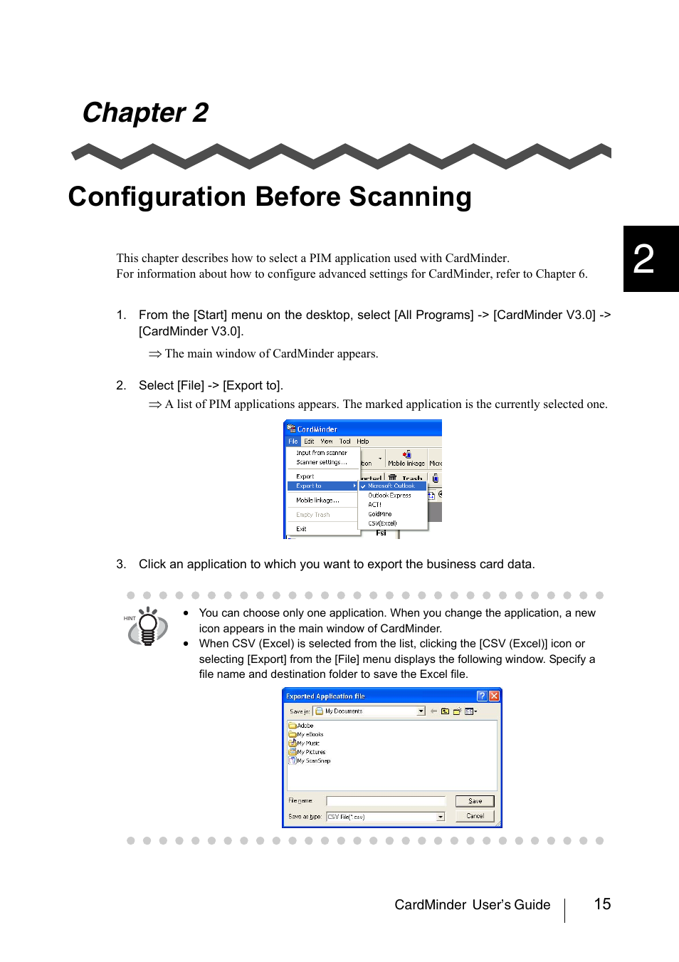 Chapter 2 configuration before scanning, Chapter 2, Configuration before scanning | FUJITSU CardMinder P3PC-1562-01ENZ0 User Manual | Page 23 / 85