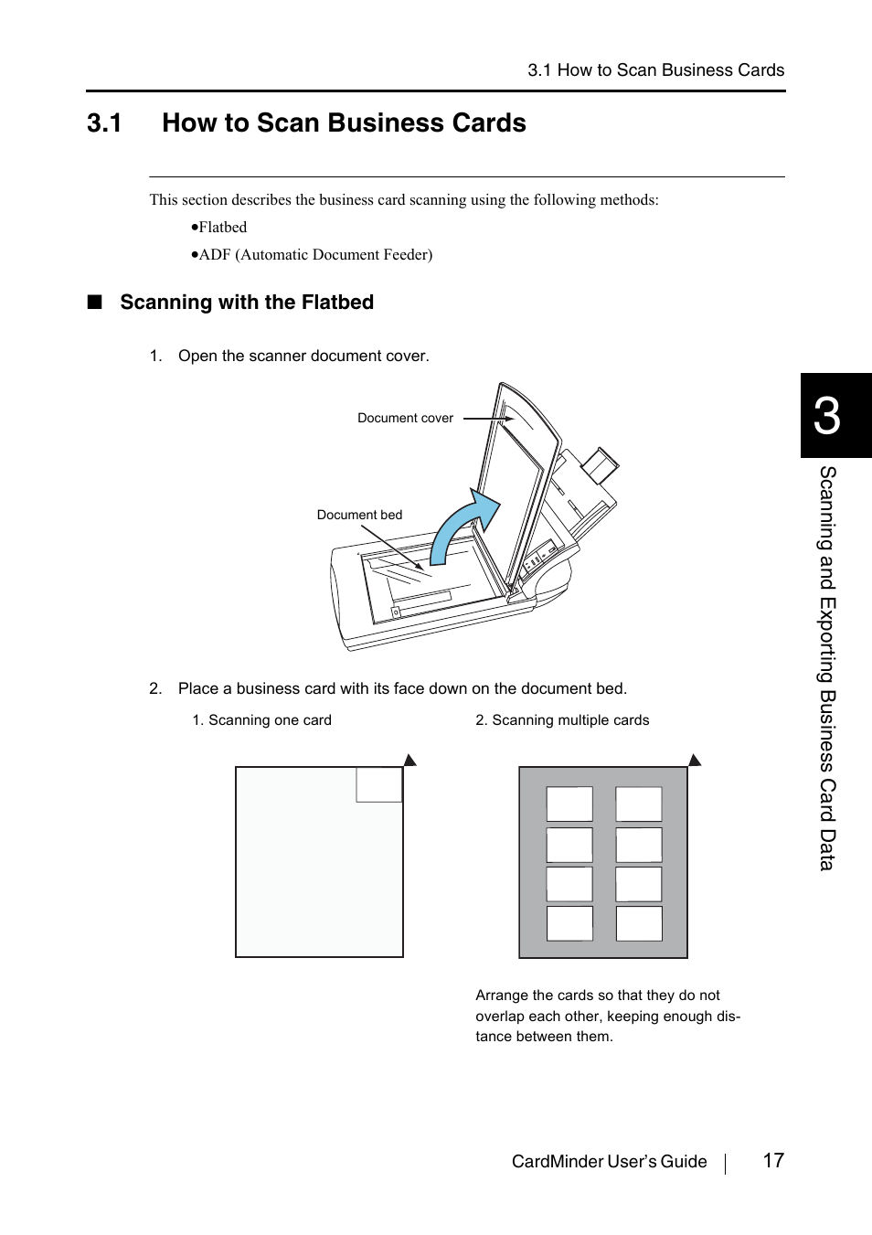 1 how to scan business cards, Section 3.1), 17 scanning and expor ting business card data | Scanning with the flatbed | FUJITSU CardMinder P3PC-1562-01ENZ0 User Manual | Page 25 / 85