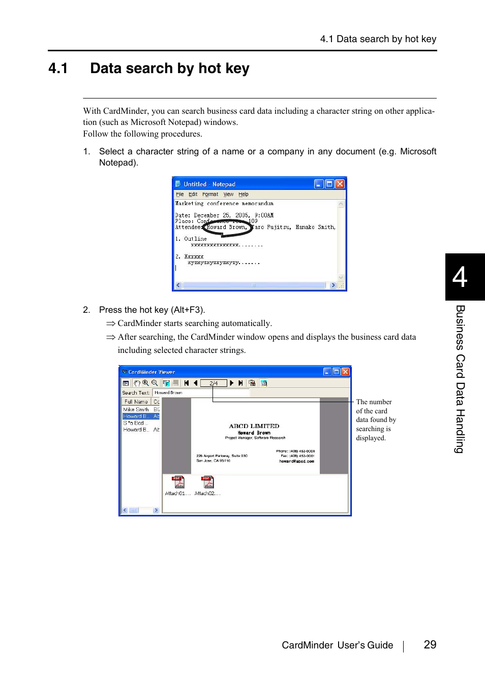 1 data search by hot key, Section 4.1) | FUJITSU CardMinder P3PC-1562-01ENZ0 User Manual | Page 37 / 85