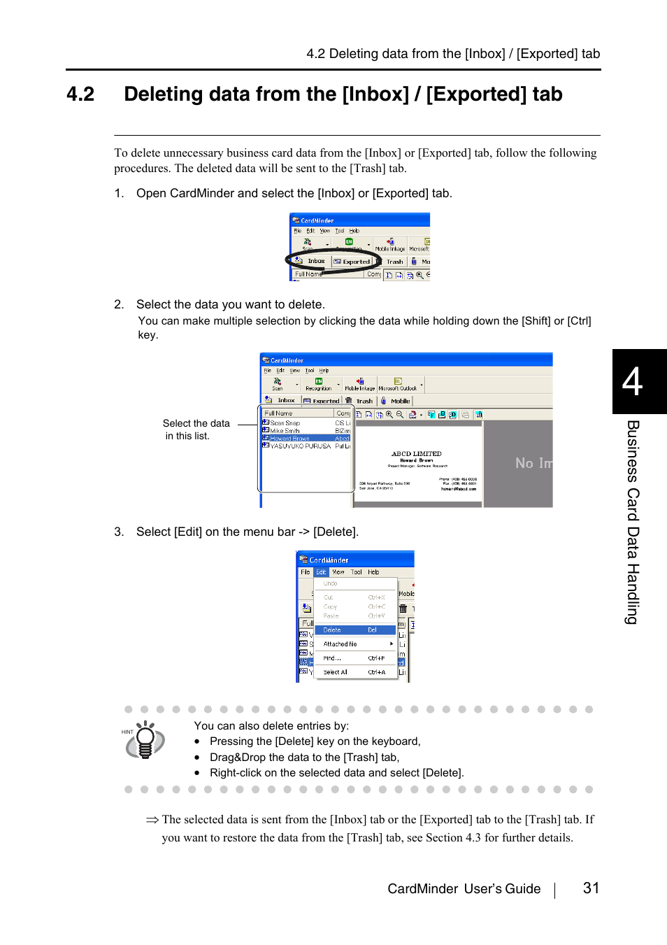 2 deleting data from the [inbox] / [exported] tab, Section 4.2 or | FUJITSU CardMinder P3PC-1562-01ENZ0 User Manual | Page 39 / 85