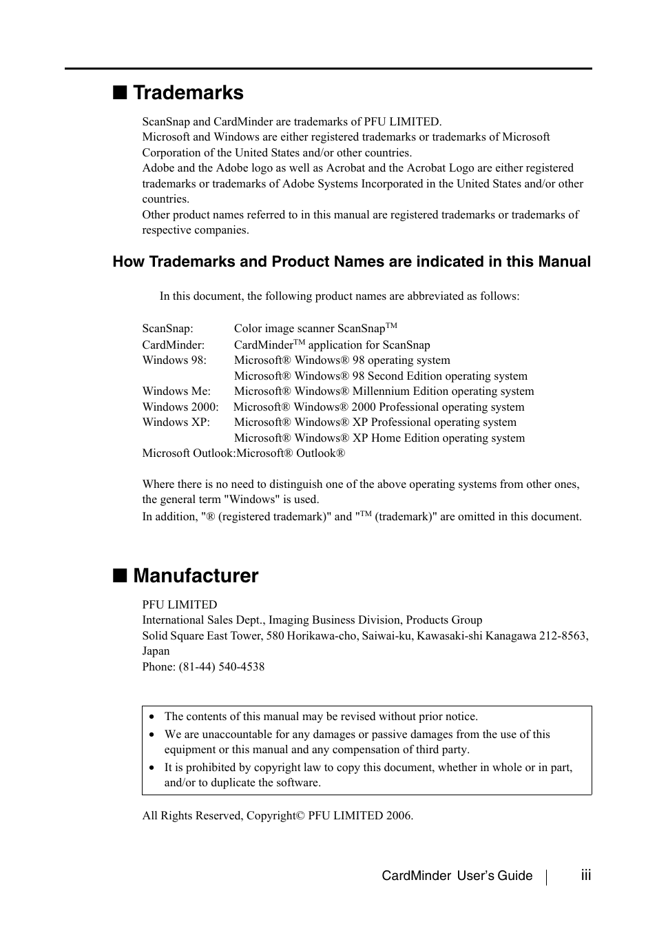 Trademarks, Manufacturer | FUJITSU CardMinder P3PC-1562-01ENZ0 User Manual | Page 4 / 85