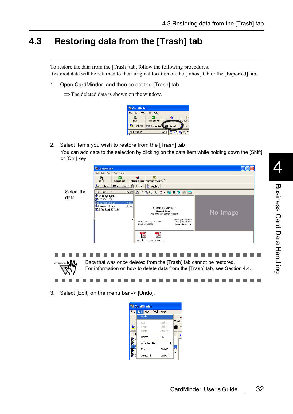 3 restoring data from the [trash] tab, Section 4.3 | FUJITSU CardMinder P3PC-1562-01ENZ0 User Manual | Page 40 / 85