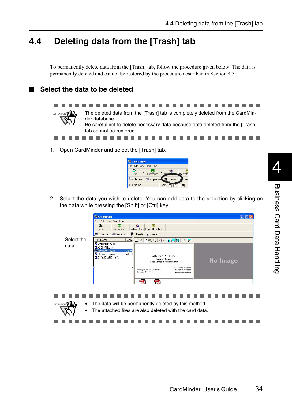 4 deleting data from the [trash] tab, Section 4.4.) | FUJITSU CardMinder P3PC-1562-01ENZ0 User Manual | Page 42 / 85
