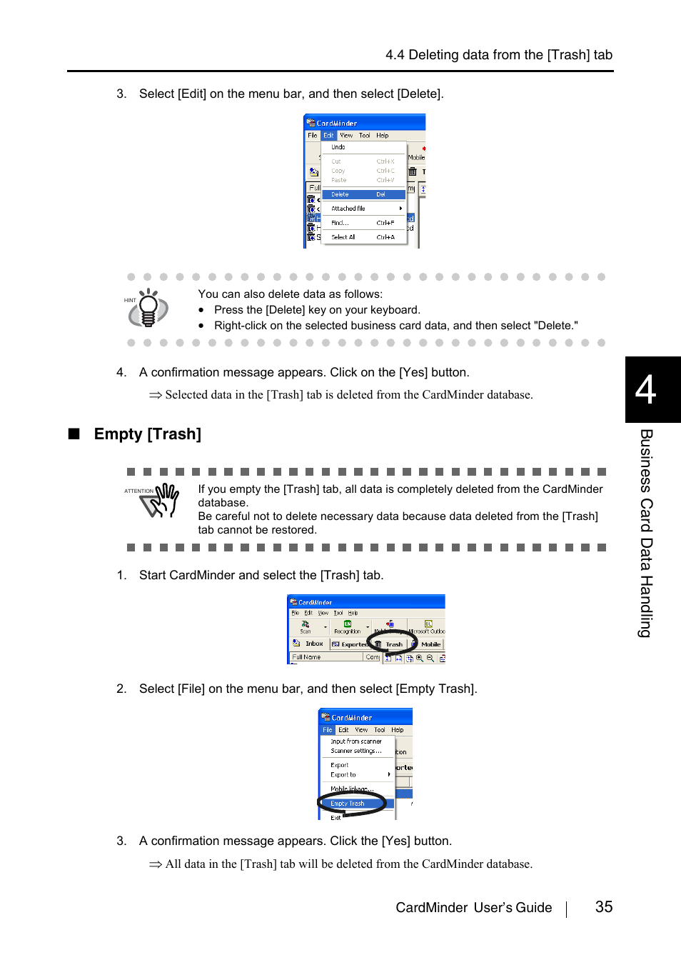 35 business card data handling, Empty [trash | FUJITSU CardMinder P3PC-1562-01ENZ0 User Manual | Page 43 / 85