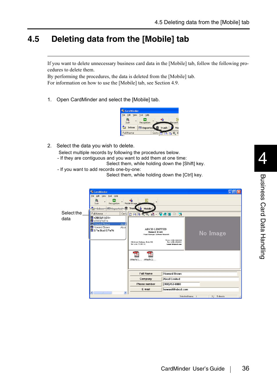 5 deleting data from the [mobile] tab, Section 4.5.) | FUJITSU CardMinder P3PC-1562-01ENZ0 User Manual | Page 44 / 85