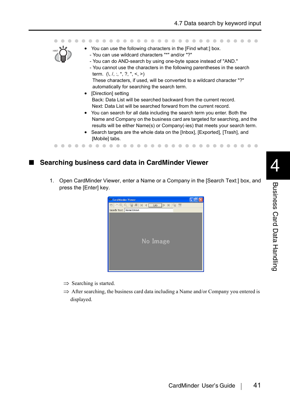 41 business card data handling, Searching business card data in cardminder viewer | FUJITSU CardMinder P3PC-1562-01ENZ0 User Manual | Page 49 / 85