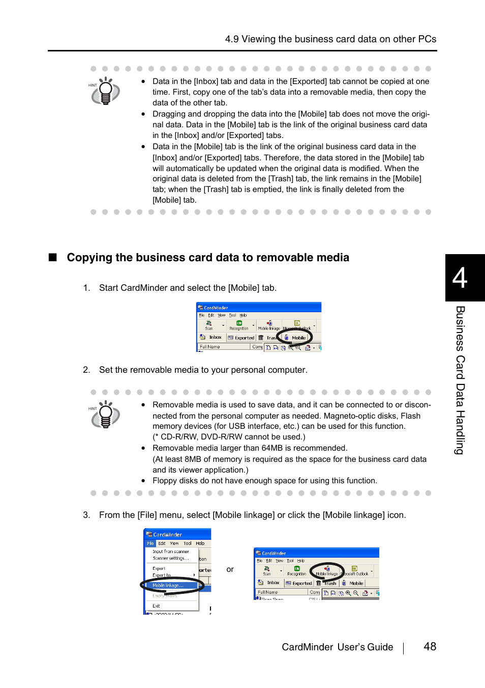 48 business card data handling, Copying the business card data to removable media | FUJITSU CardMinder P3PC-1562-01ENZ0 User Manual | Page 56 / 85