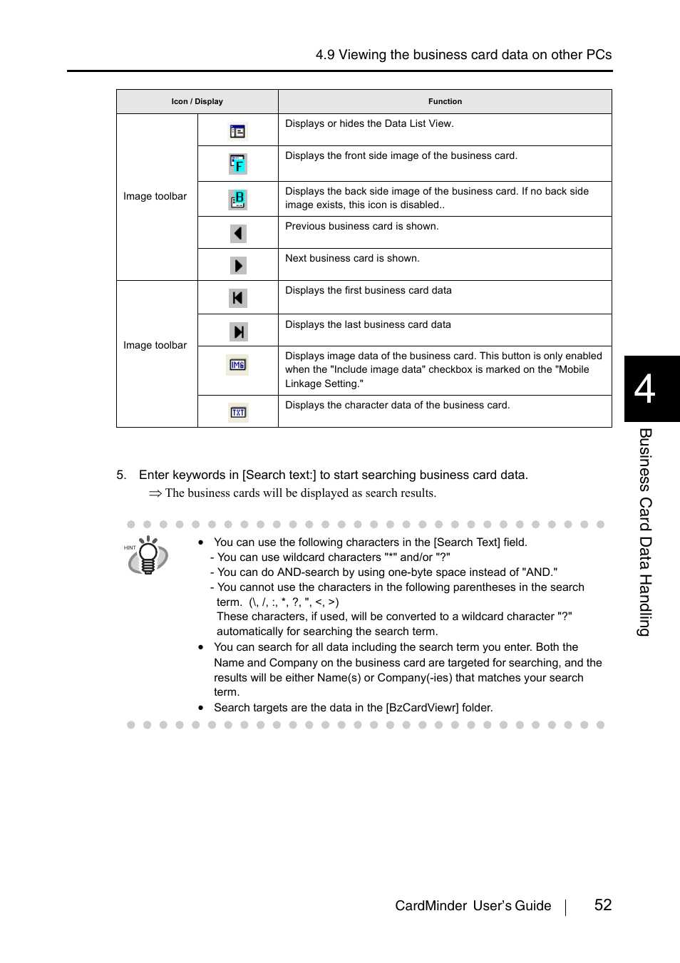 52 business card data handling | FUJITSU CardMinder P3PC-1562-01ENZ0 User Manual | Page 60 / 85