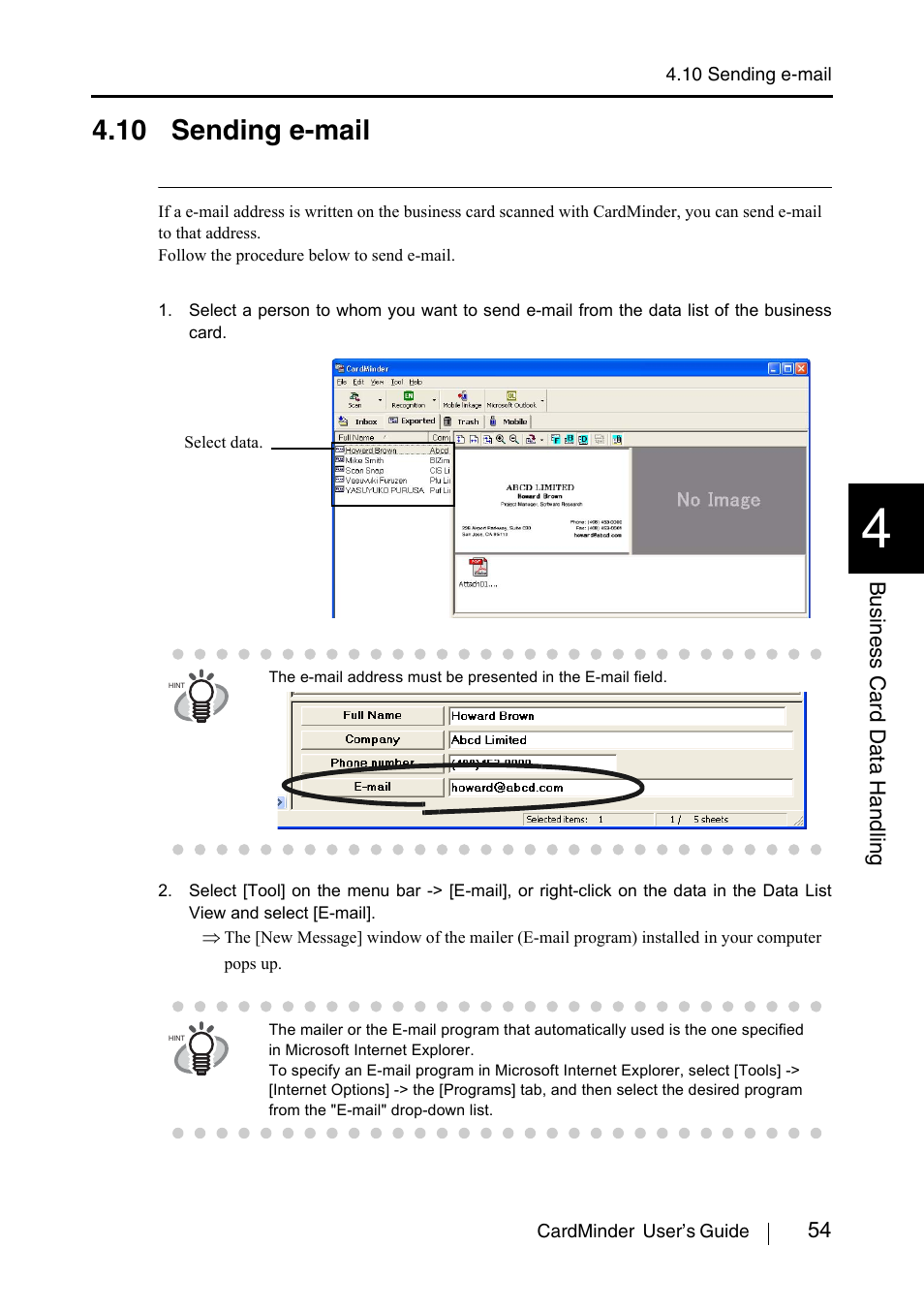 10 sending e-mail, Ee section 4.10 | FUJITSU CardMinder P3PC-1562-01ENZ0 User Manual | Page 62 / 85