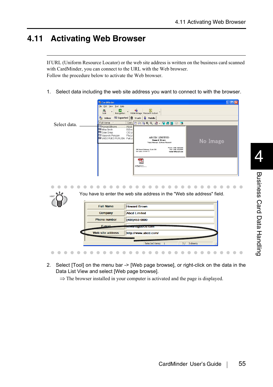 11 activating web browser, Eesection 4.11 | FUJITSU CardMinder P3PC-1562-01ENZ0 User Manual | Page 63 / 85
