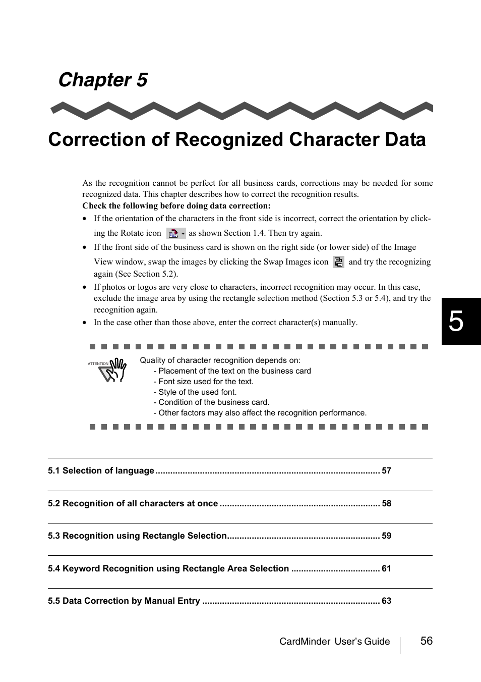 Chapter 5 correction of recognized character data, Chapter 5, Correction of recognized character data | Chapter 5) | FUJITSU CardMinder P3PC-1562-01ENZ0 User Manual | Page 64 / 85
