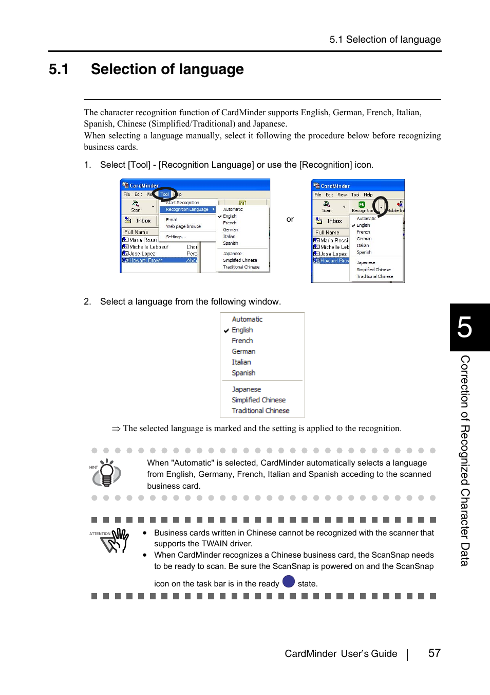 1 selection of language, Section 5.1.) | FUJITSU CardMinder P3PC-1562-01ENZ0 User Manual | Page 65 / 85