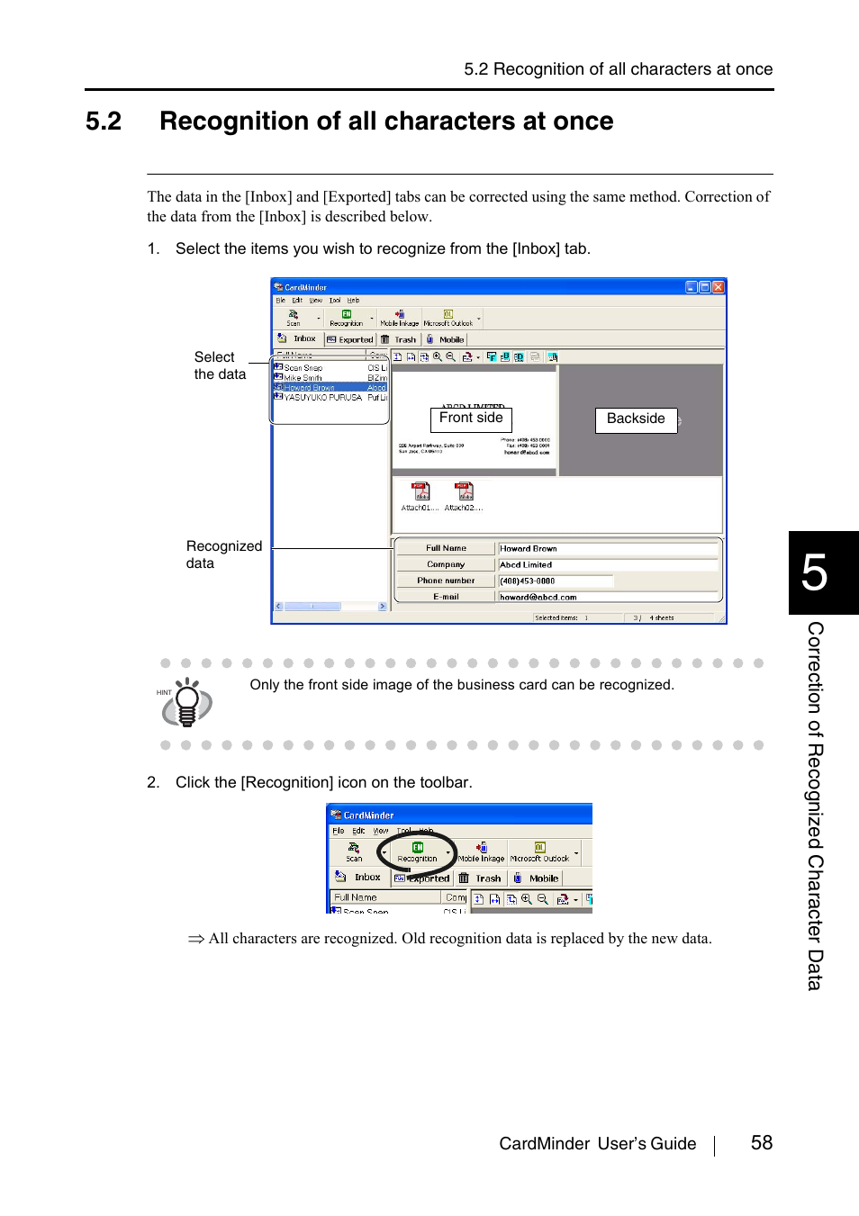2 recognition of all characters at once, Ee section 5.2, Section 5.2) | FUJITSU CardMinder P3PC-1562-01ENZ0 User Manual | Page 66 / 85