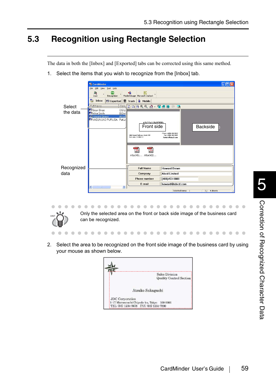 3 recognition using rectangle selection, Ee section 5.3, Method (section 5.3 or 5.4), and try the | FUJITSU CardMinder P3PC-1562-01ENZ0 User Manual | Page 67 / 85