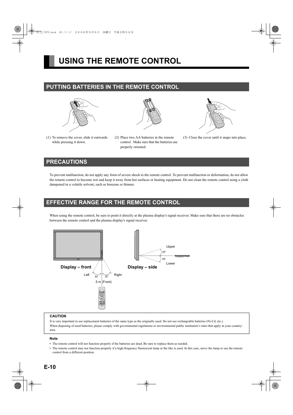 Using the remote control, Putting batteries in the remote control, Precautions | Effective range for the remote control, E-10, Precautions effective range for the remote control | FUJITSU PLASMAVISION P50XTA51E User Manual | Page 10 / 34