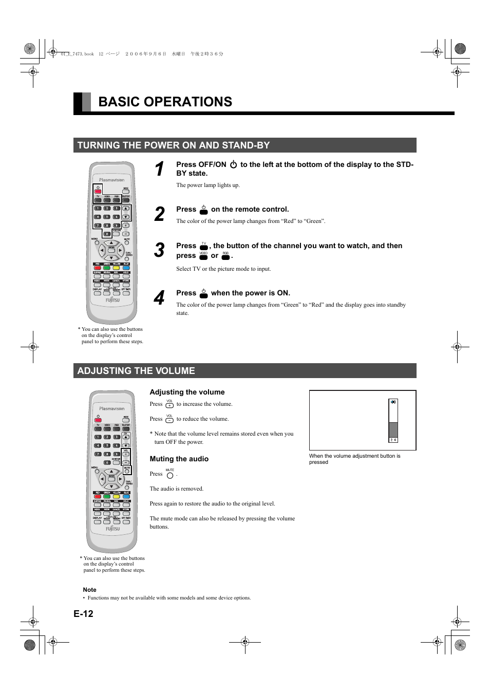Basic operations, Turning the power on and stand-by, Adjusting the volume | E-12 | FUJITSU PLASMAVISION P50XTA51E User Manual | Page 12 / 34