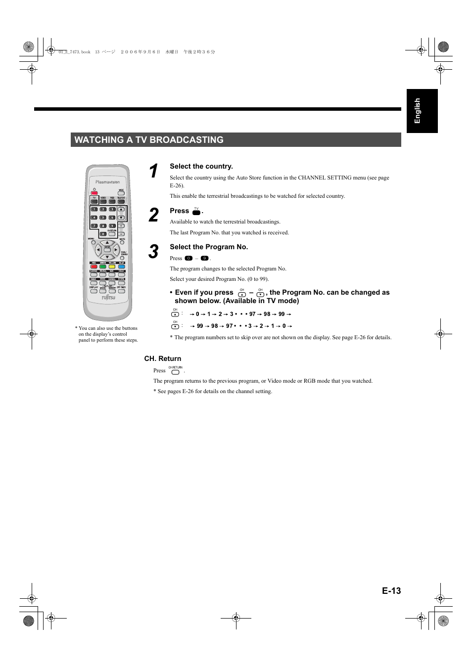 Watching a tv broadcasting, E-13 | FUJITSU PLASMAVISION P50XTA51E User Manual | Page 13 / 34