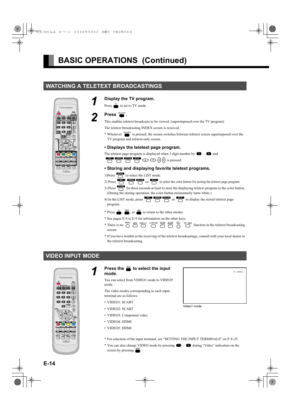 Watching a teletext broadcastings, Video input mode, E-14 | Button), Basic operations (continued), Klmncdef | FUJITSU PLASMAVISION P50XTA51E User Manual | Page 14 / 34