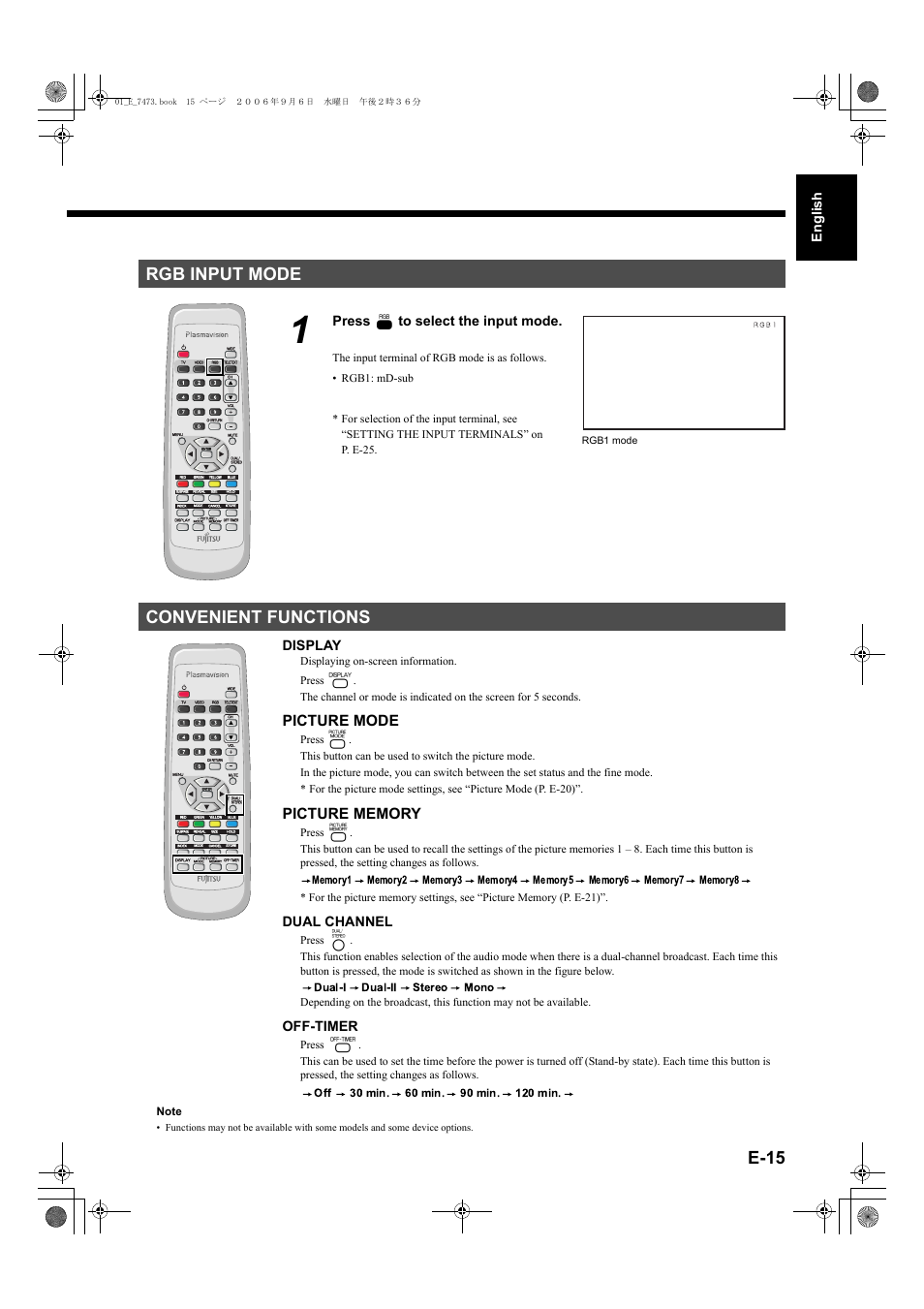 Rgb input mode, Convenient functions, E-15 | Picture mode button) | FUJITSU PLASMAVISION P50XTA51E User Manual | Page 15 / 34