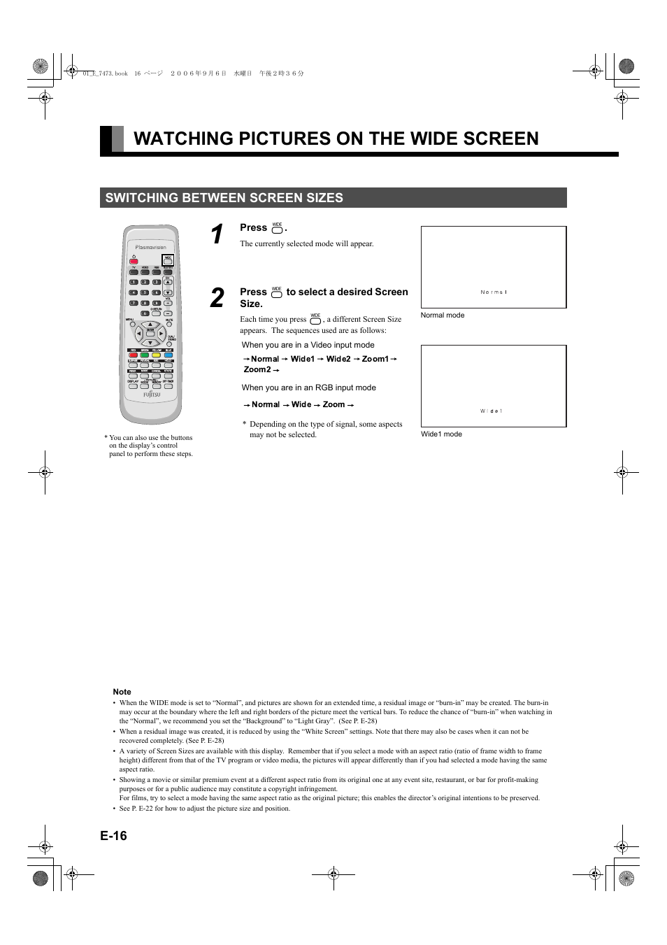 Watching pictures on the wide screen, Switching between screen sizes, Ton) | E-16 | FUJITSU PLASMAVISION P50XTA51E User Manual | Page 16 / 34