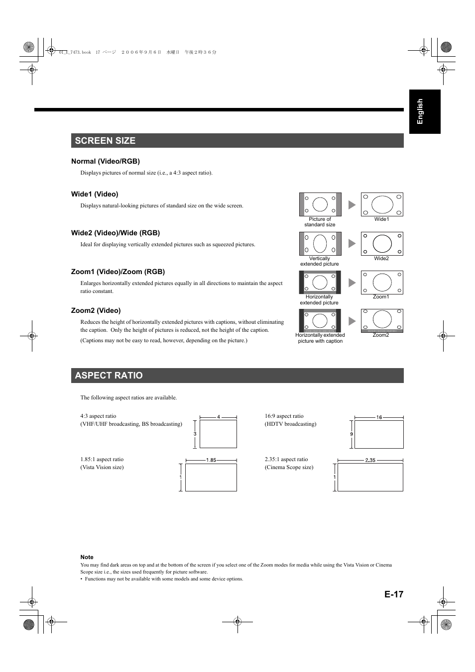 Screen size, Aspect ratio, E-17 | Screen size aspect ratio | FUJITSU PLASMAVISION P50XTA51E User Manual | Page 17 / 34