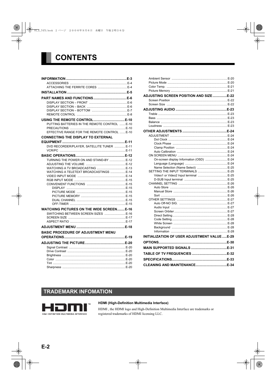 FUJITSU PLASMAVISION P50XTA51E User Manual | Page 2 / 34