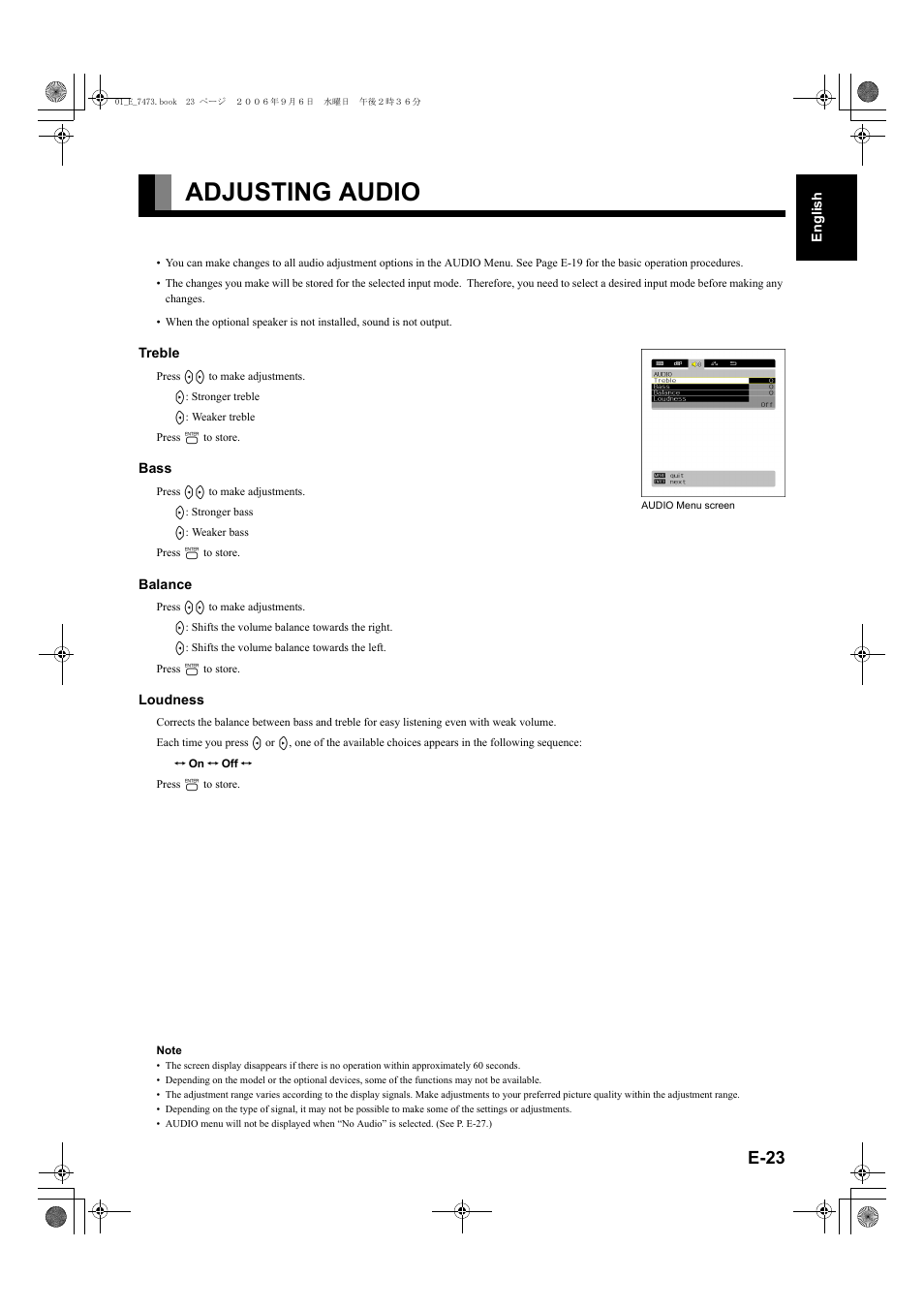 Adjusting audio, E-23), E-23 | FUJITSU PLASMAVISION P50XTA51E User Manual | Page 23 / 34