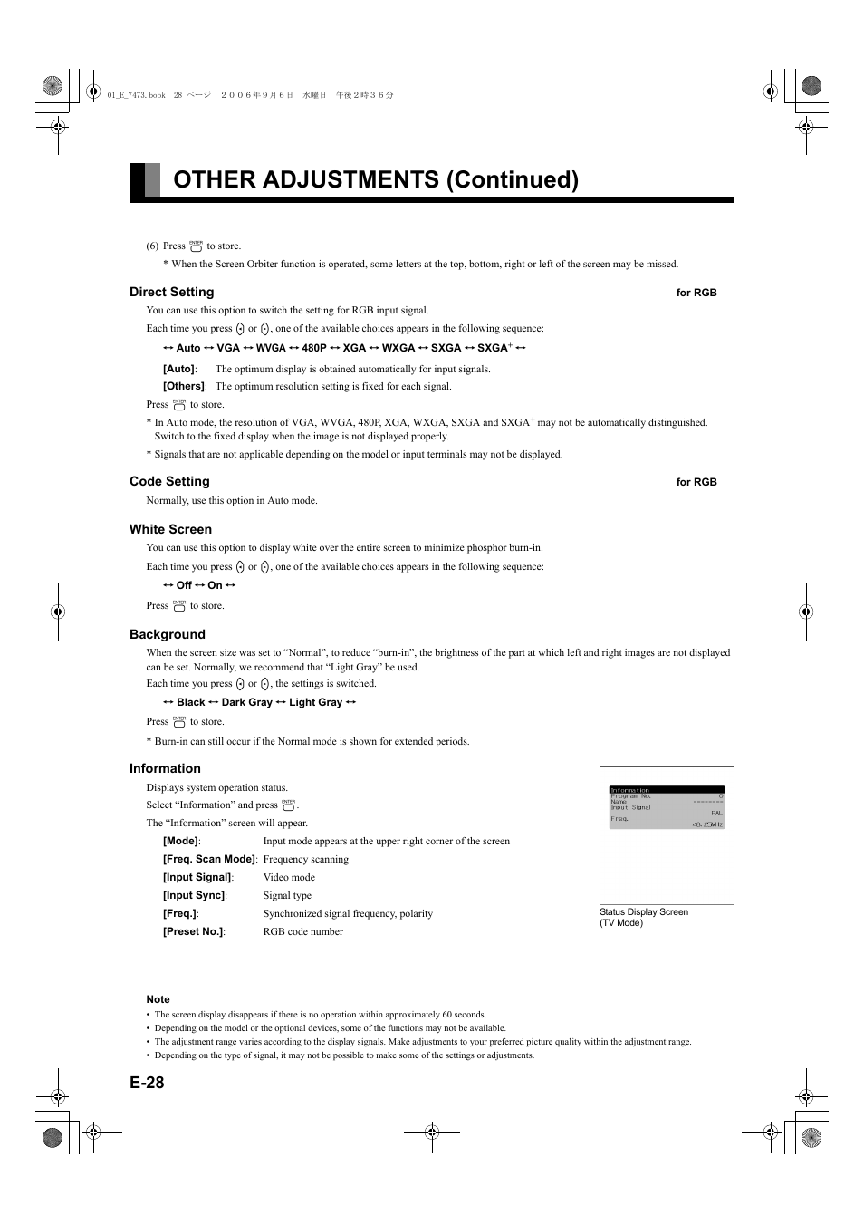 E-28), Other adjustments (continued), E-28 | FUJITSU PLASMAVISION P50XTA51E User Manual | Page 28 / 34