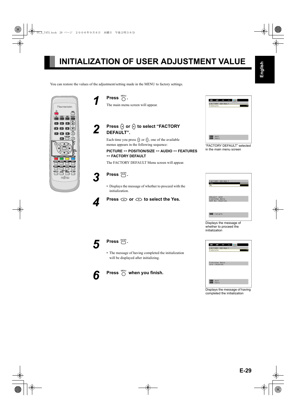 Initialization of user adjustment value, Initialization of user adjustment value .....e-29, E-29 | E-29) | FUJITSU PLASMAVISION P50XTA51E User Manual | Page 29 / 34