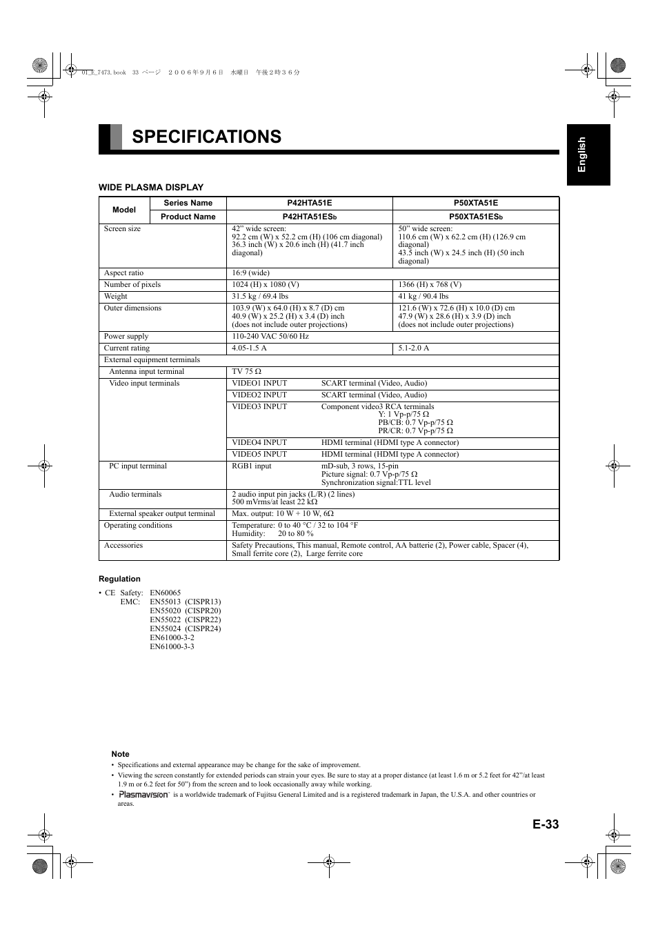 Specifications, E-33 | FUJITSU PLASMAVISION P50XTA51E User Manual | Page 33 / 34