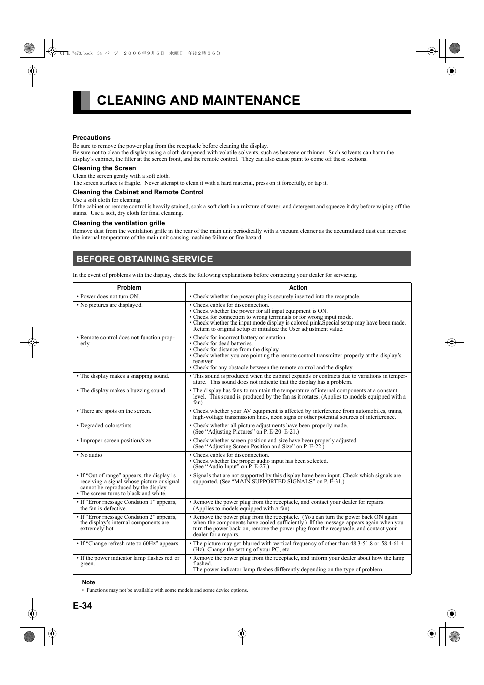 Cleaning and maintenance, Before obtaining service, E-34 | FUJITSU PLASMAVISION P50XTA51E User Manual | Page 34 / 34