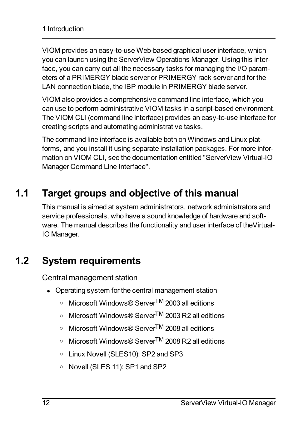1 target groups and objective of this manual, 2 system requirements | FUJITSU ServerView Virtual-IO Manager V3.1 User Manual | Page 12 / 362