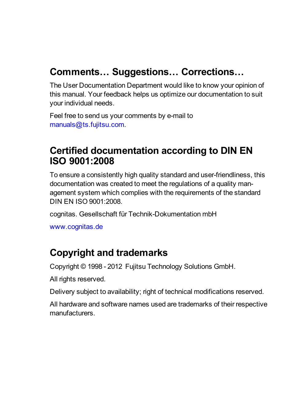 Comments… suggestions… corrections, Copyright and trademarks | FUJITSU ServerView Virtual-IO Manager V3.1 User Manual | Page 2 / 362