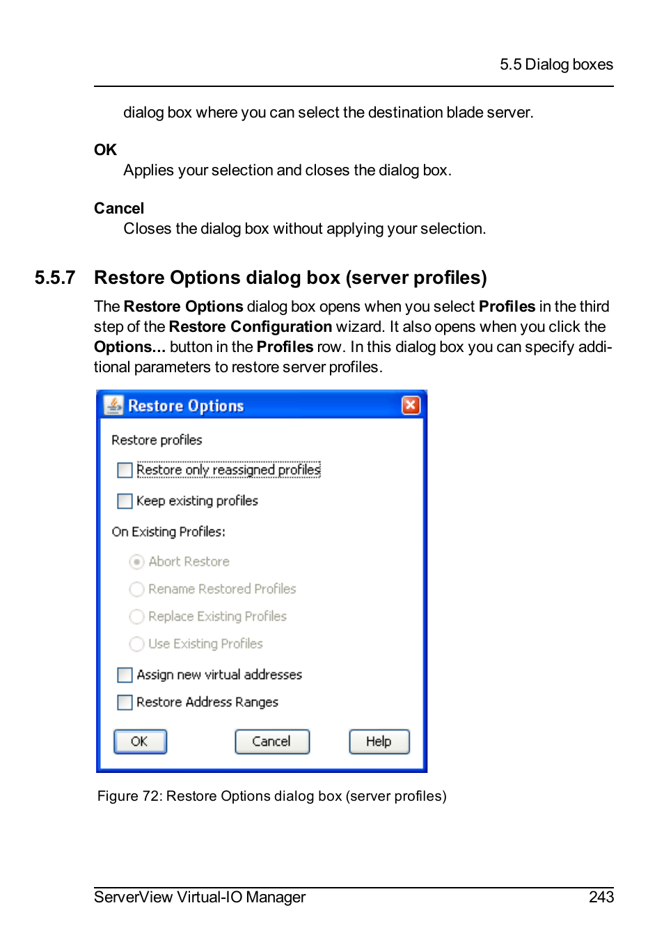 7 restore options dialog box (server profiles), Restore options dialog | FUJITSU ServerView Virtual-IO Manager V3.1 User Manual | Page 243 / 362