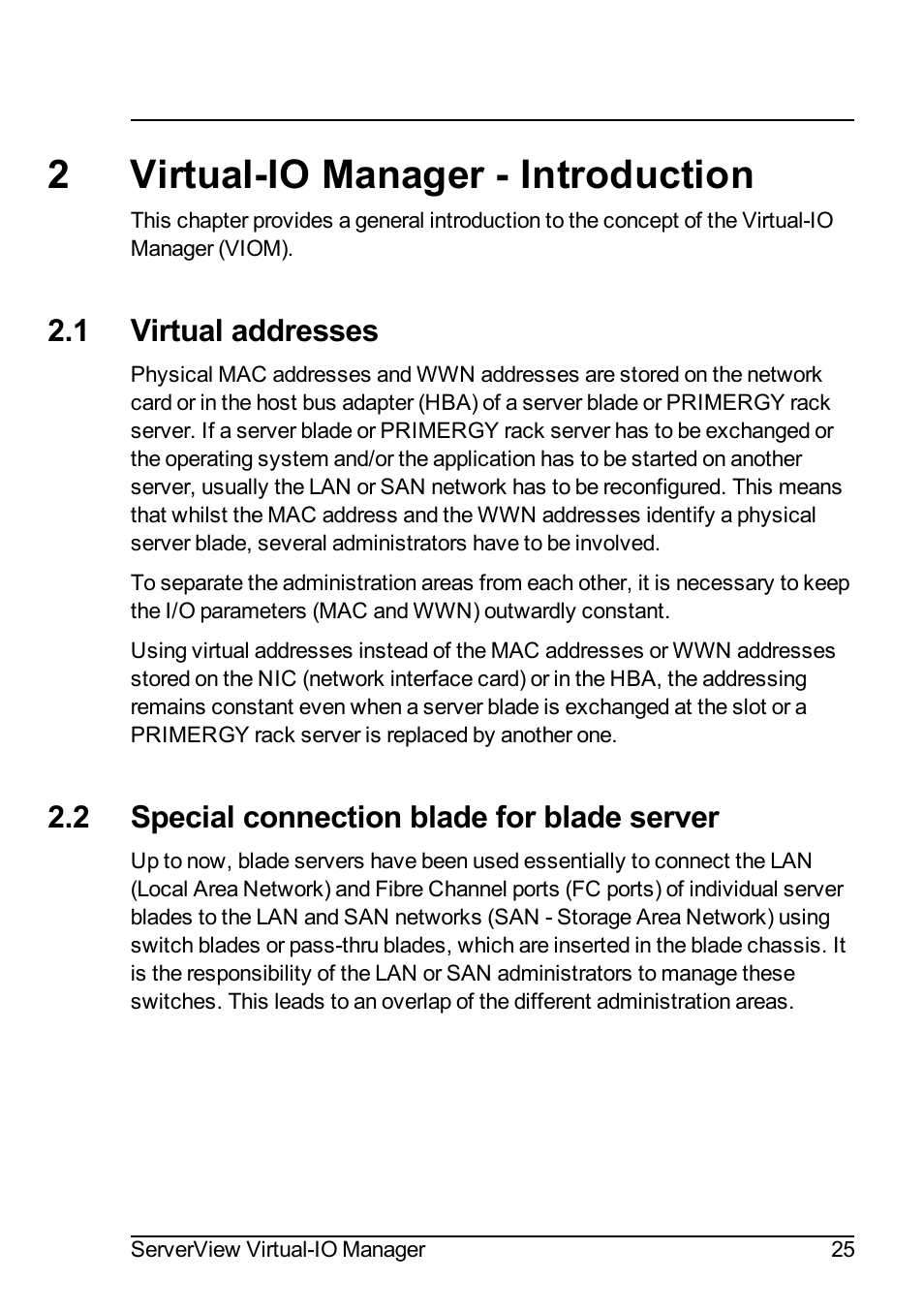 2 virtual-io manager - introduction, 1 virtual addresses, 2 special connection blade for blade server | 2virtual-io manager - introduction | FUJITSU ServerView Virtual-IO Manager V3.1 User Manual | Page 25 / 362